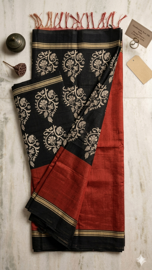 Red & Black Cotton Handloom Saree with Blouse Piece – Soft Lightweight Daily Wear Saree