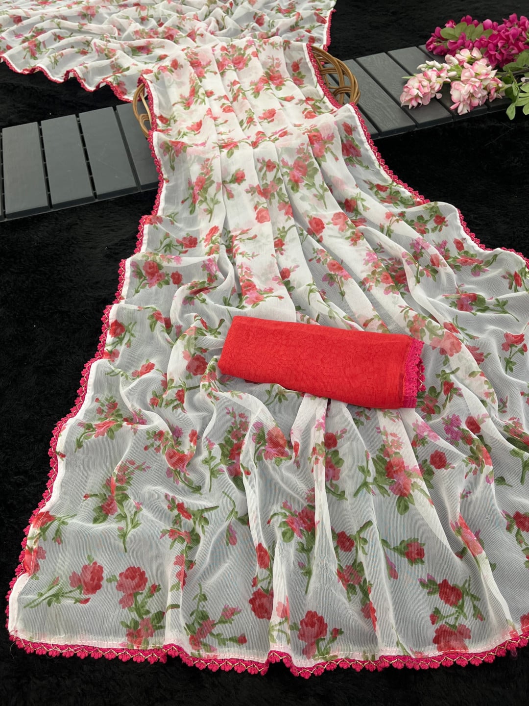 White Soft Chiffon Saree with Rose Floral Print and Pink Lace Border – Contrast Red Blouse