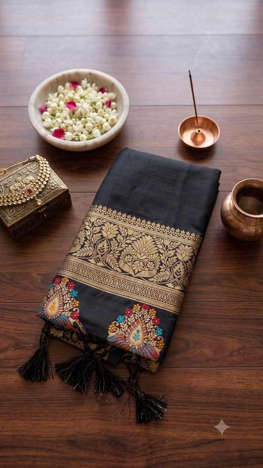 Charcoal Black Meenakari Ghicha Silk Mix Saree with Gold Zari Border