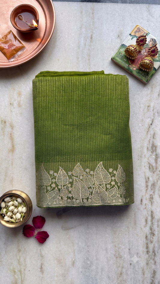 Olive Green Semi Tussar Silk Saree with Gold Leaf Border