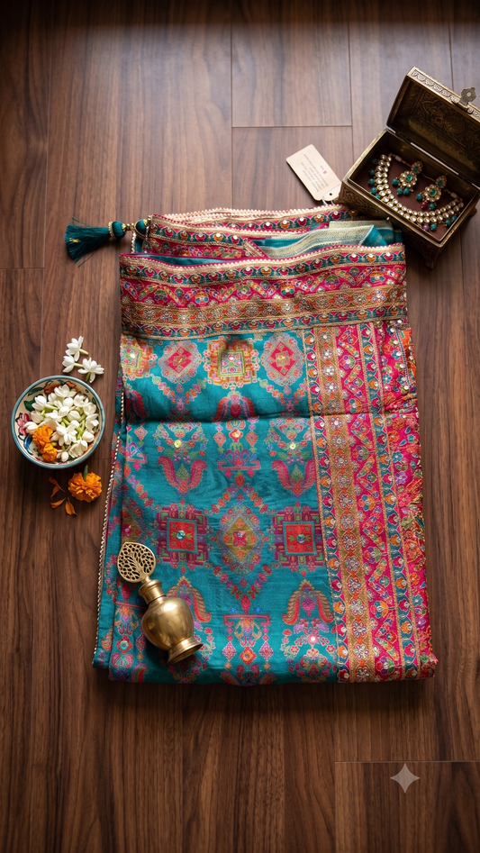 Kani Pashmina Silk Saree in Teal Blue with Multicolor Border & Stitched Embroidered Blouse
