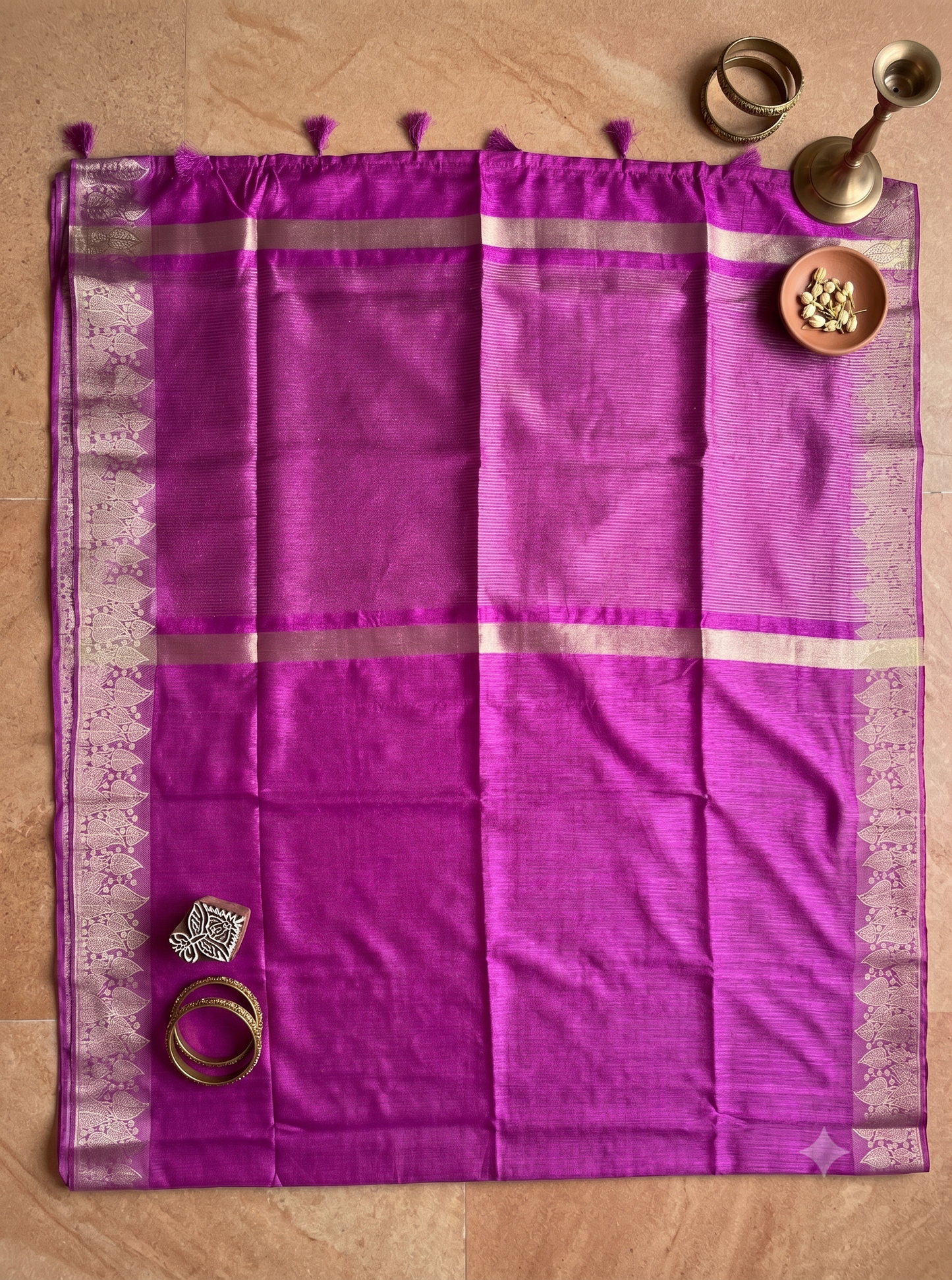 Magenta Semi Tussar Silk Saree with Gold Leaf Border