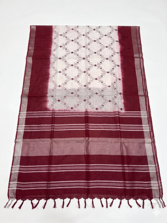 Kaya Kalpo White Linen Kantha Stitch Saree | Maroon Striped Border & Pallu | Handcrafted Casual & Festive Wear