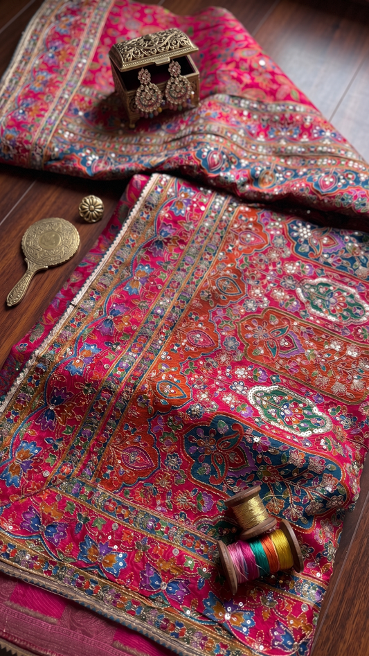 Kani Pashmina Silk Saree in Rani Pink with Multicolor Border & Stitched Embroidered Blouse