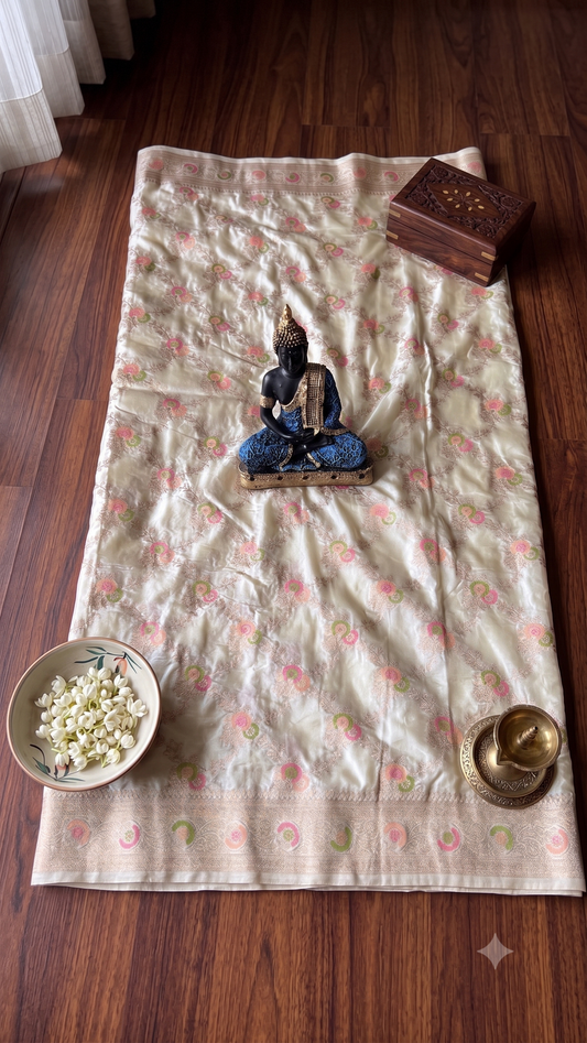 Ivory Banarasi Katan Silk Saree with Pink-Green Zari Floral Jaal & Blouse Piece