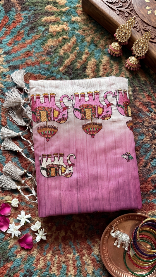 Mauve Ombre Tussar Silk Saree with Narthaki Print & Elephant Applique with Blouse Piece