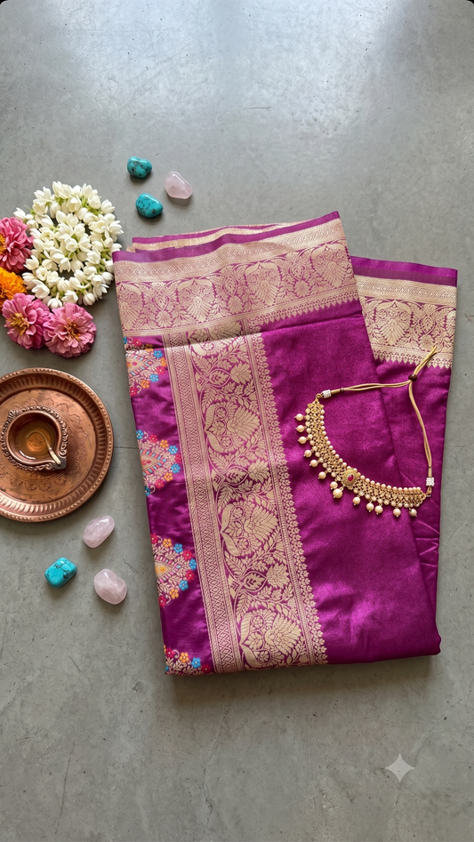 Magenta Meenakari Ghicha Silk Mix Saree with Zari Work & Multicolor Paisley Pallu