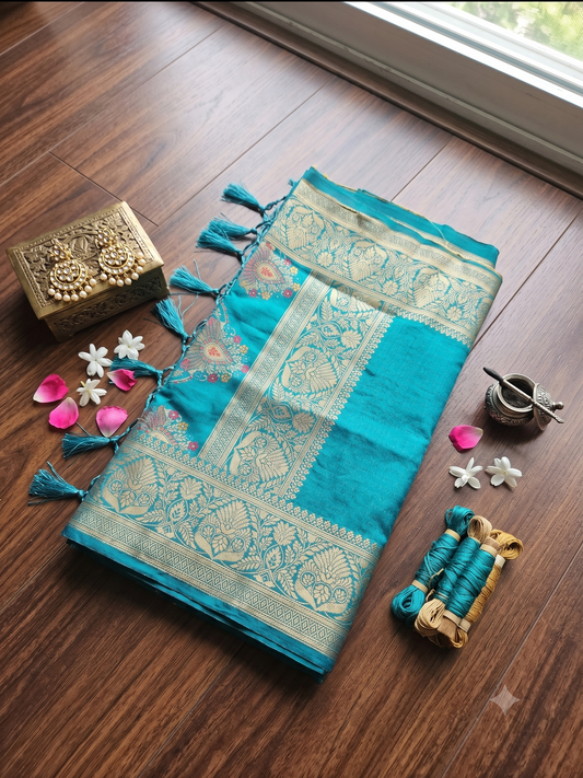 Teal Meenakari Ghicha Silk Mix Saree with Zari Border & Paisley Pallu