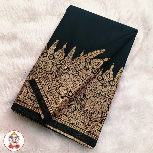 Kaya Kalpo Black Satin Crepe Silk Saree | Gold Zari Temple Border & Pallu | Party & Festive Wear