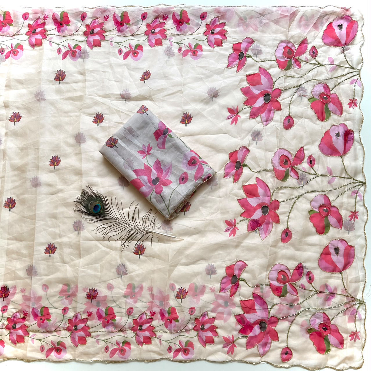 Tebby Silk Saree with Cutdana Work – Beige Floral Embroidered Saree