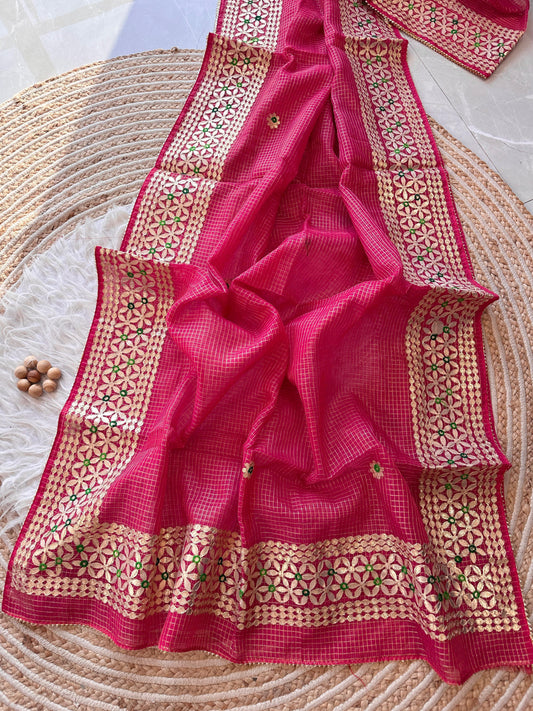 Magenta Pink Kota Doria Saree with Gold Gota Border and Embroidered Buttis | Kaya Kalpo