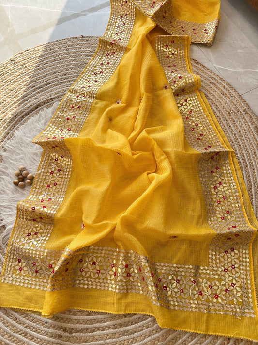 Yellow Kota Doria Saree with Gold Gota Border and Embroidered Buttis | Kaya Kalpo