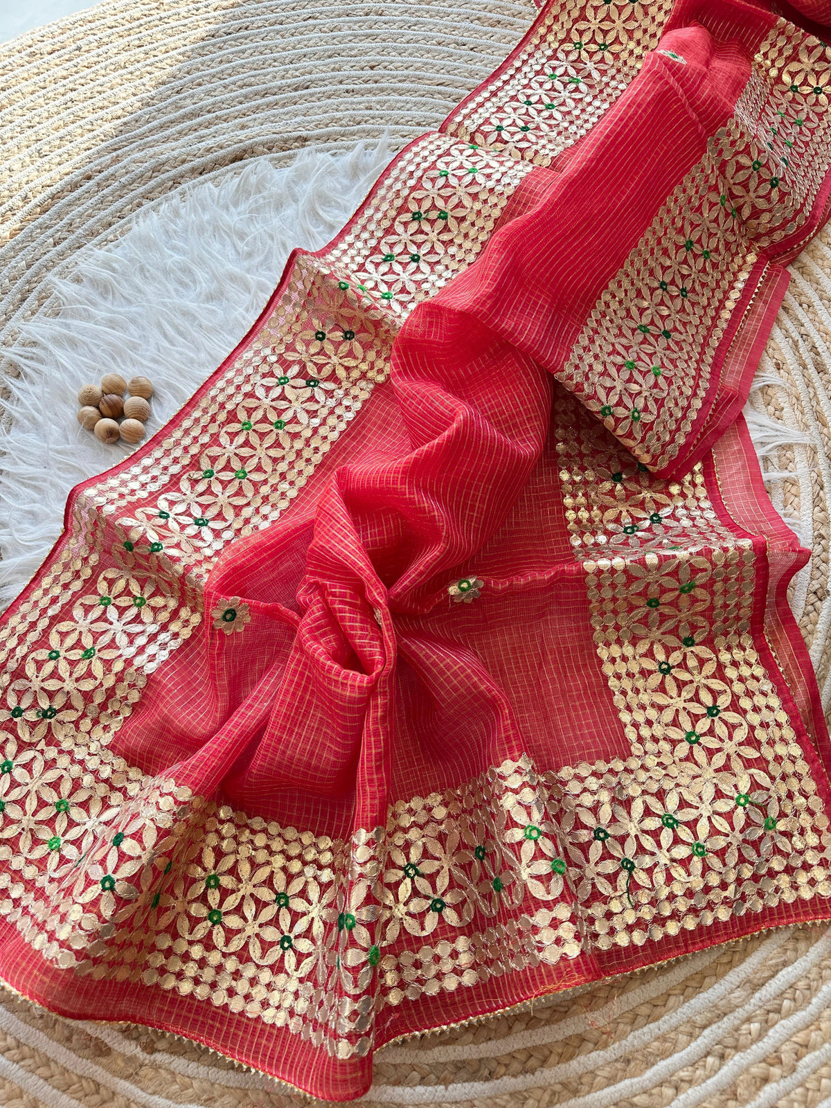 Red Kota Doria Saree with Gold Gota Border and Embroidered Buttis | Kaya Kalpo