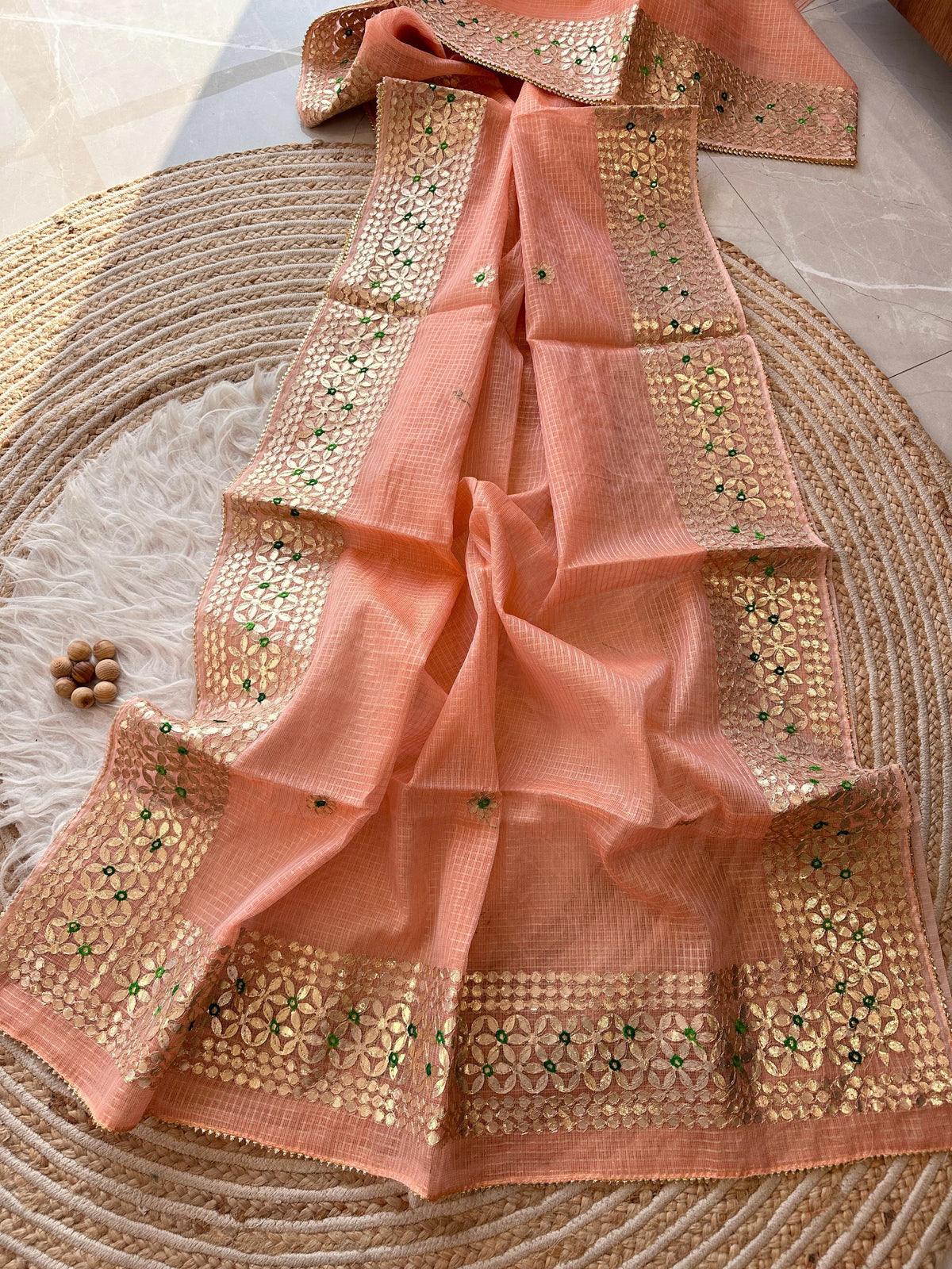 Peach Kota Doria Saree with Gold Gota Border and Embroidered Buttis | Kaya Kalpo