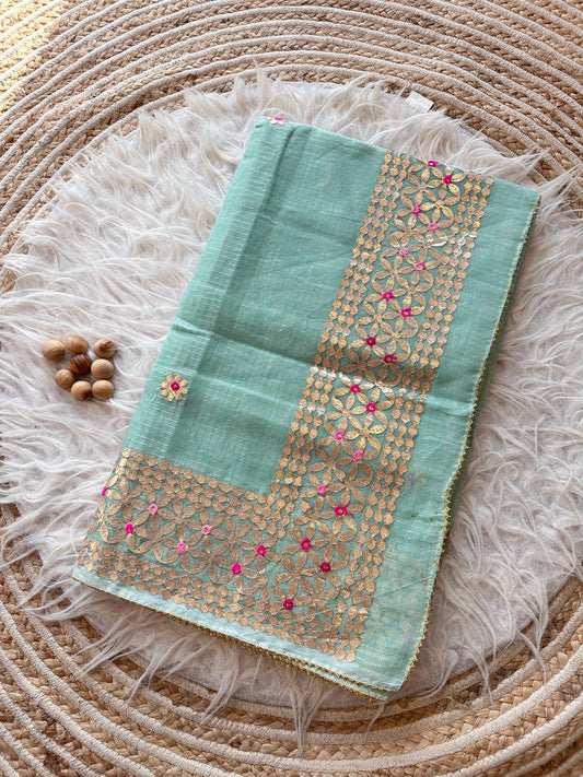 Mint Green Kota Doria Saree with Gold Gota Border and Embroidered Buttis | Kaya Kalpo