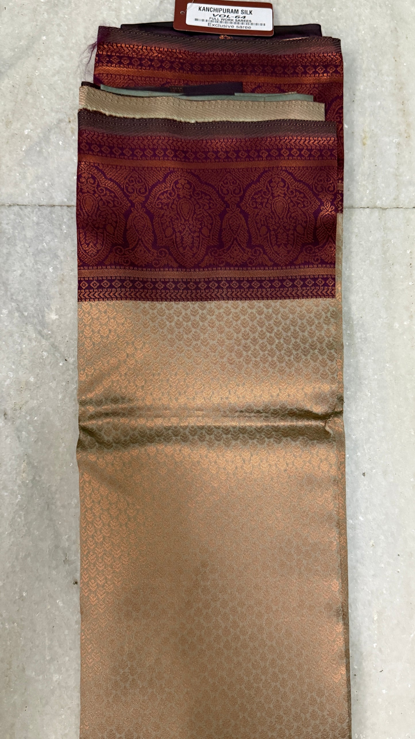 Kanchipuram Silk Saree with Blouse Piece – Copper Gold Saree with Maroon Zari Border | Traditional & Festive Wear