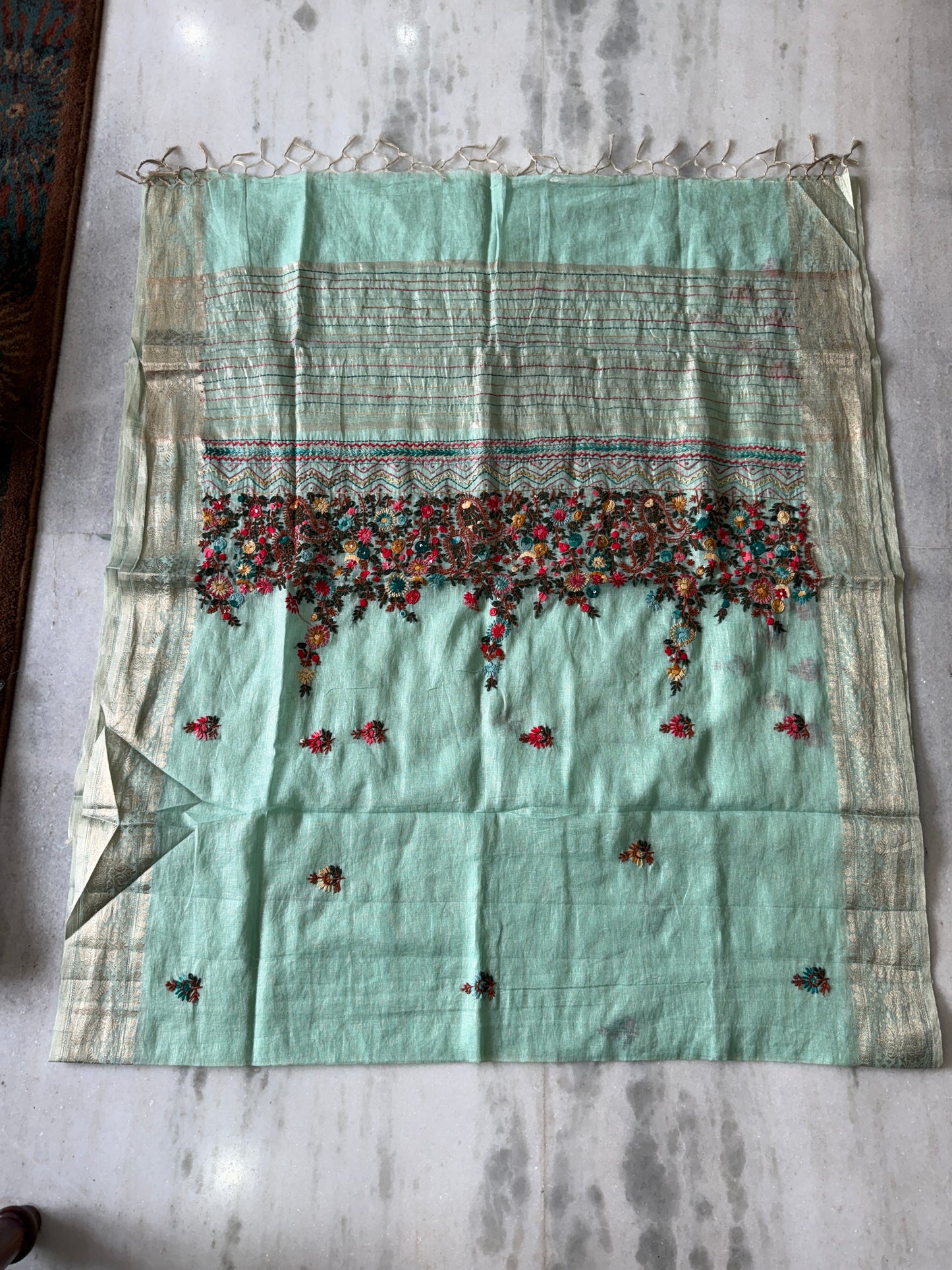 Kaya Kalpo Mint Green Benarasi Kota Silk Saree with Floral Embroidery Work | Lightweight Designer Saree