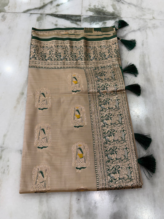 Kaya Kalpo Bengal Silk Saree | Peach & Green Banarasi-Inspired Woven Pallu | Bridal & Festive Wear