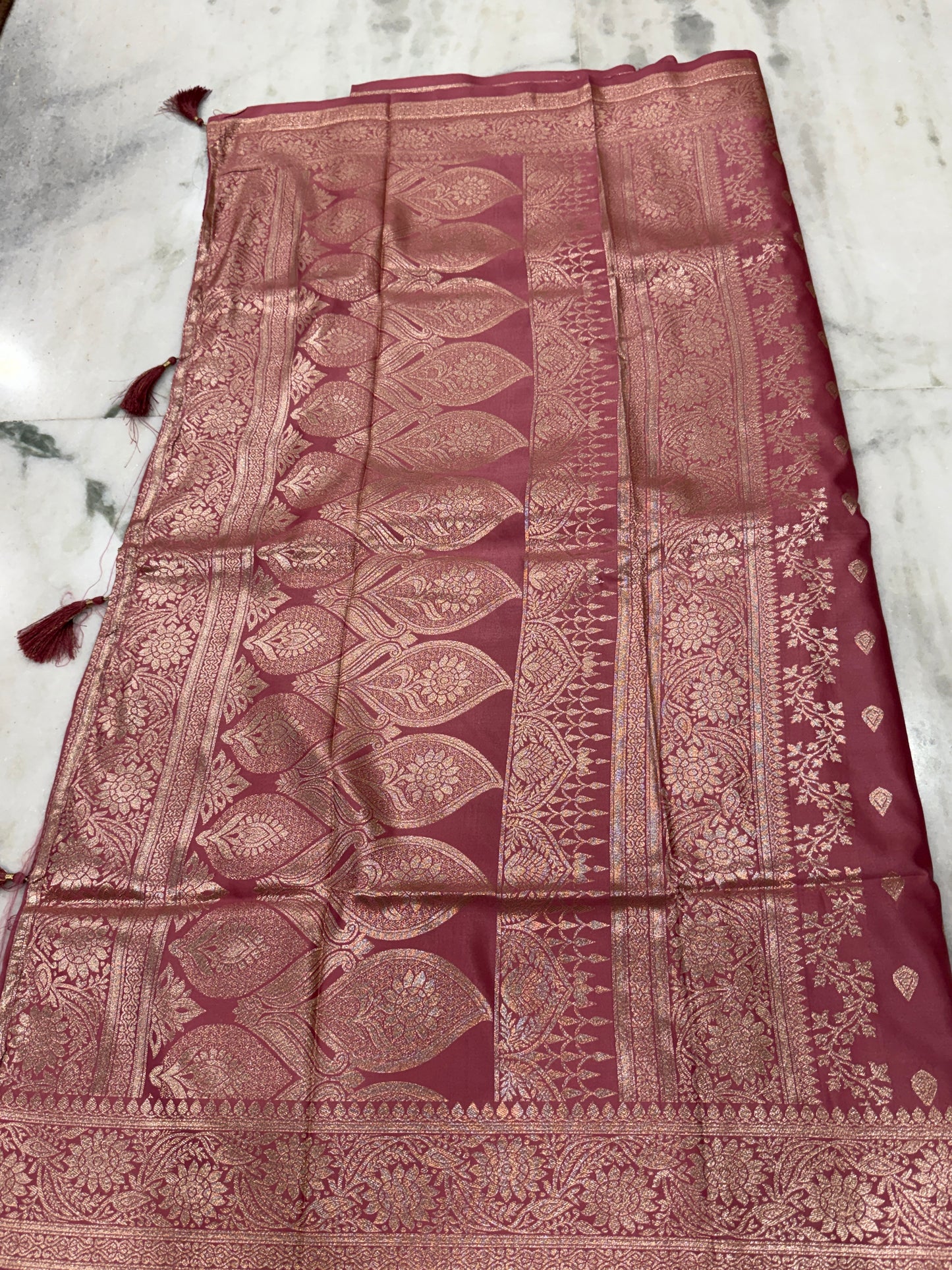 Kaya Kalpo Maroon Satin Weave Saree | Rose Gold Zari Booti Body & Large Leaf Woven Pallu | Bridal & Wedding Wear