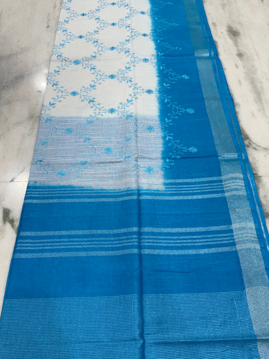 Kaya Kalpo White Linen Kantha Stitch Saree | Sky Blue Shibori Border & Striped Pallu | Handcrafted Casual & Festive Wear