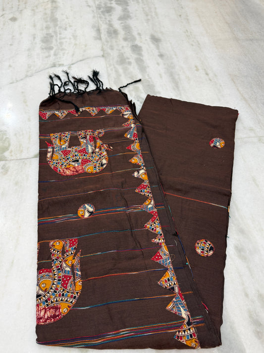 Brown Cotton Applique Handloom Saree | Hand-Crafted Elephant Motif | Traditional Indian Ethnic Wear