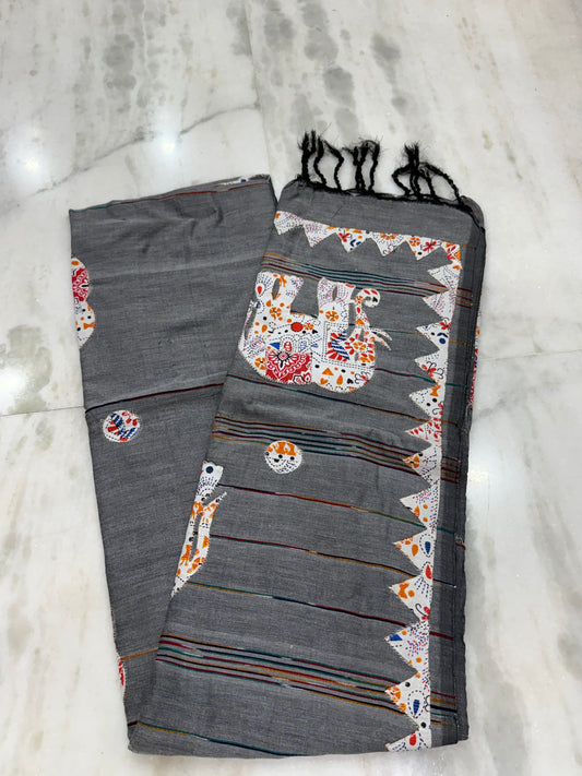 Grey Cotton Applique Handloom Saree | Hand-Crafted Elephant Motif | Traditional Indian Ethnic Wear