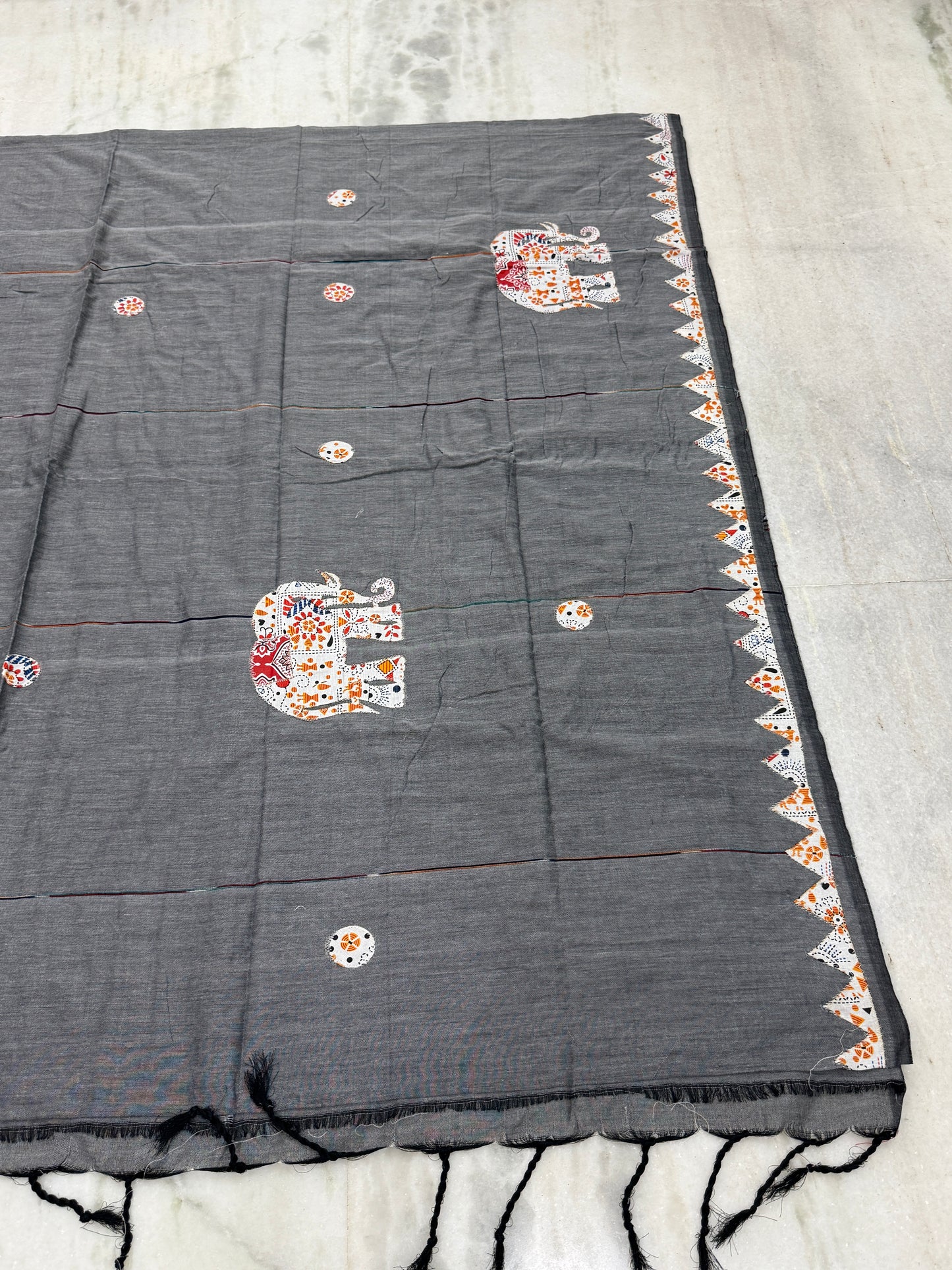 Grey Cotton Applique Handloom Saree | Hand-Crafted Elephant Motif | Traditional Indian Ethnic Wear
