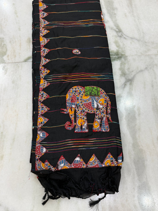 Kaya Kalpo Black Handloom Cotton Applique Saree with Elephant Motifs