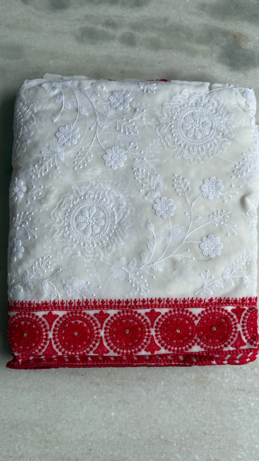 Lal Paar Chikankari Silk Saree with Blouse | Kaya Kalpo