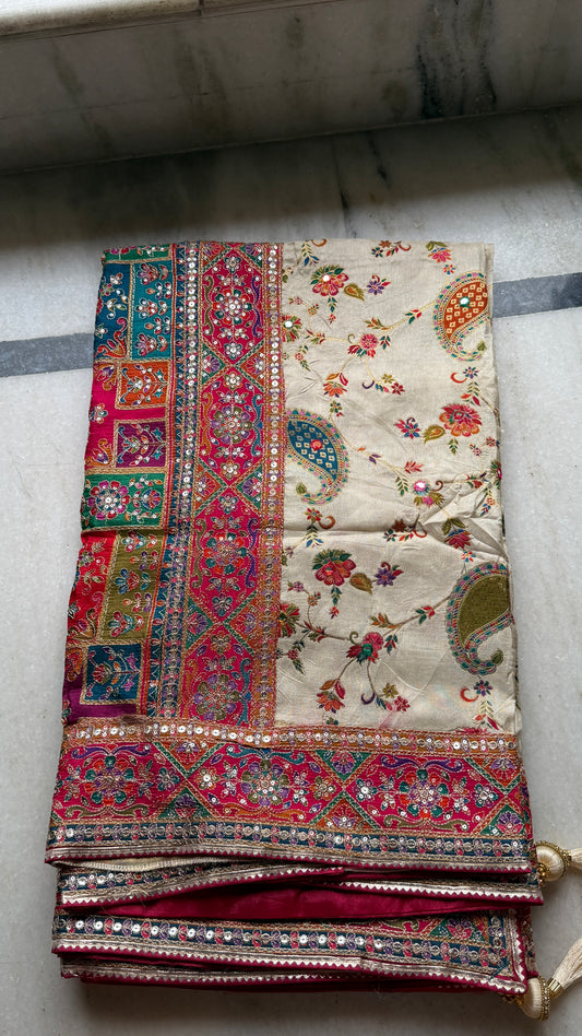 Kani Pashmina Silk Saree with Multicolor Paisley Border & Stitched Embroidered Blouse