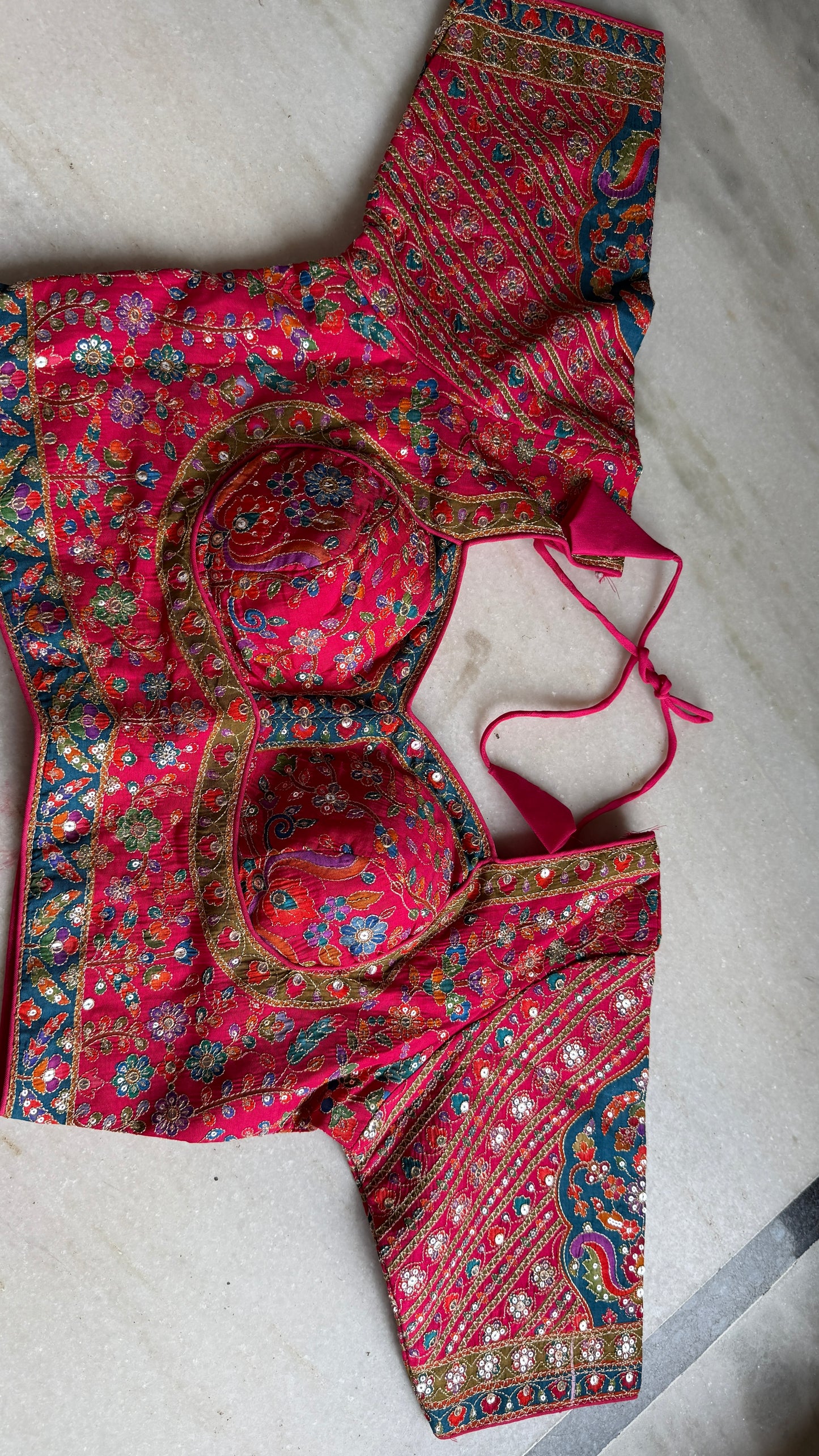 Kani Pashmina Silk Saree in Teal Blue with Multicolor Border & Stitched Embroidered Blouse