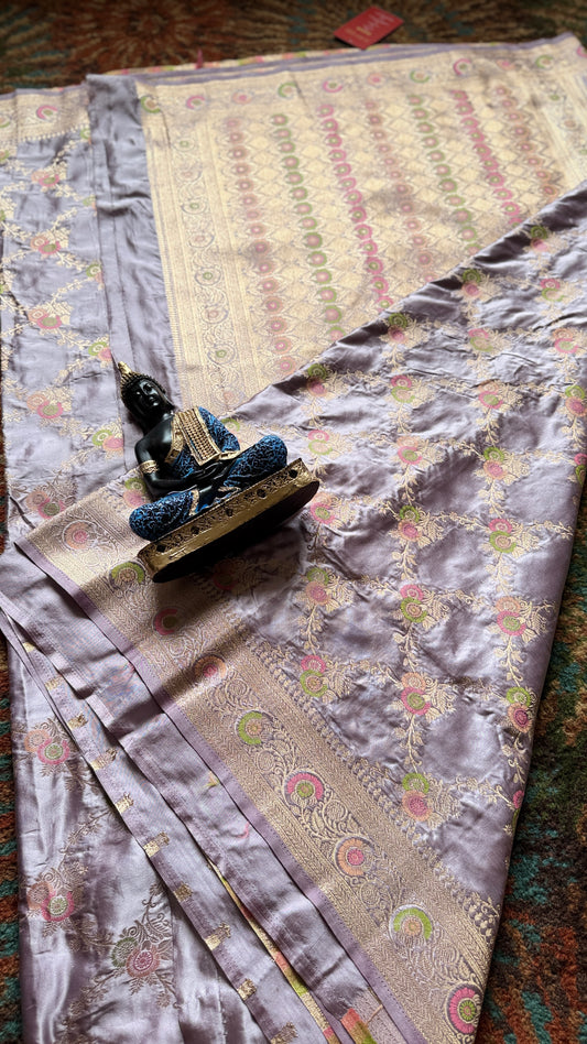 Light Lavender Banarasi Katan Silk Saree with Pink-Green Zari Floral Jaal & Blouse Piece