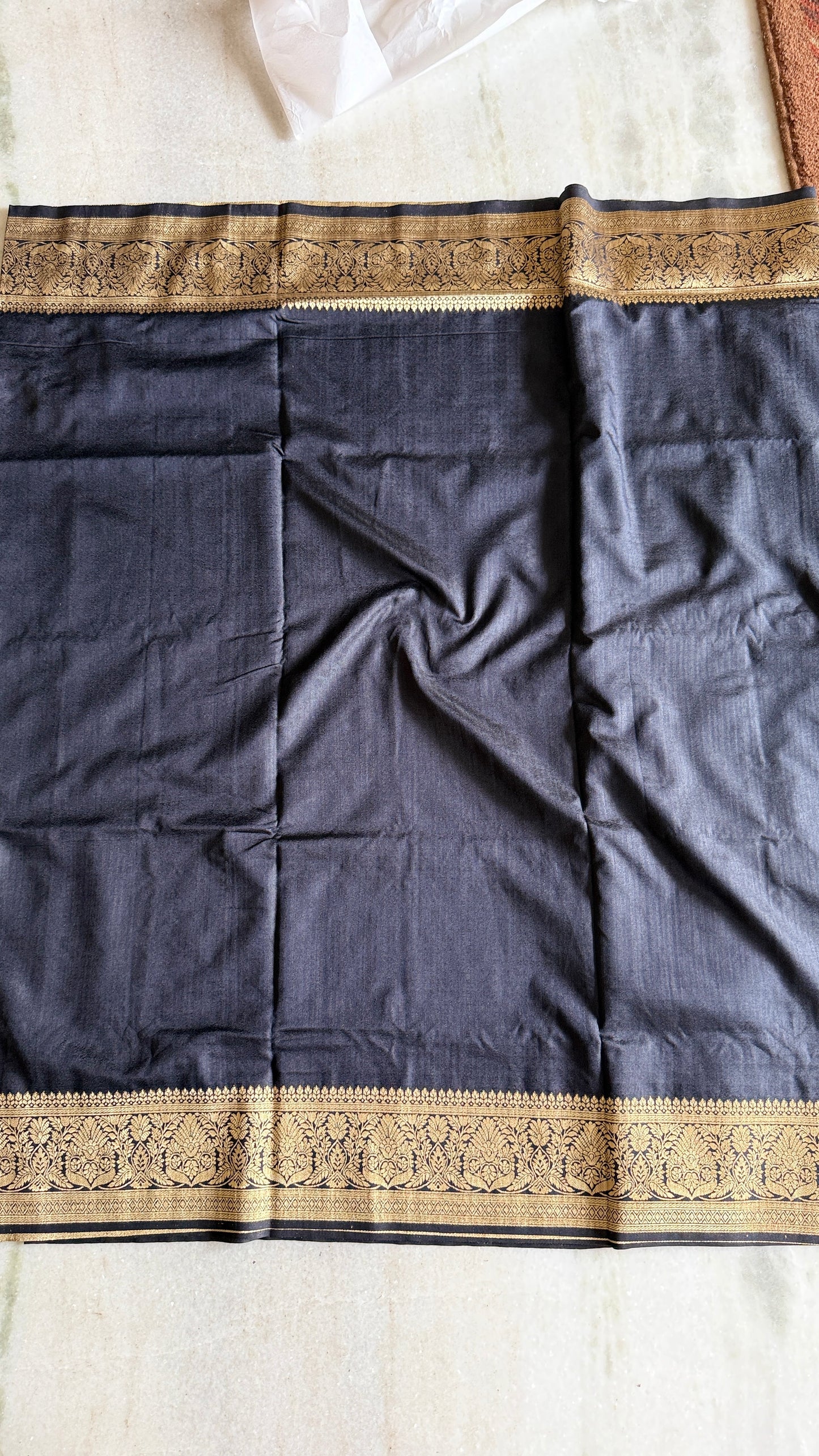 Charcoal Black Meenakari Ghicha Silk Mix Saree with Gold Zari Border