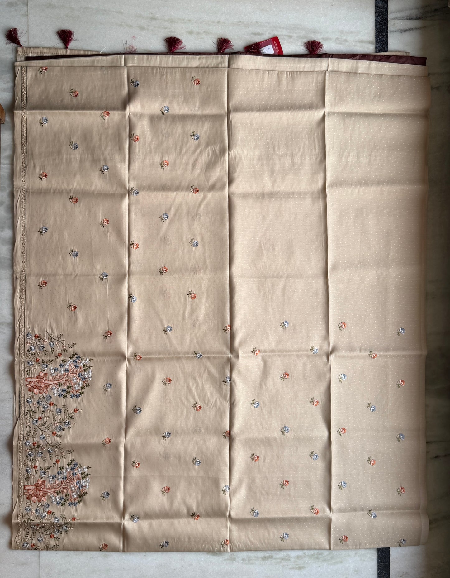 Beige Silk Crepe Saree with Multicolor Floral Embroidery