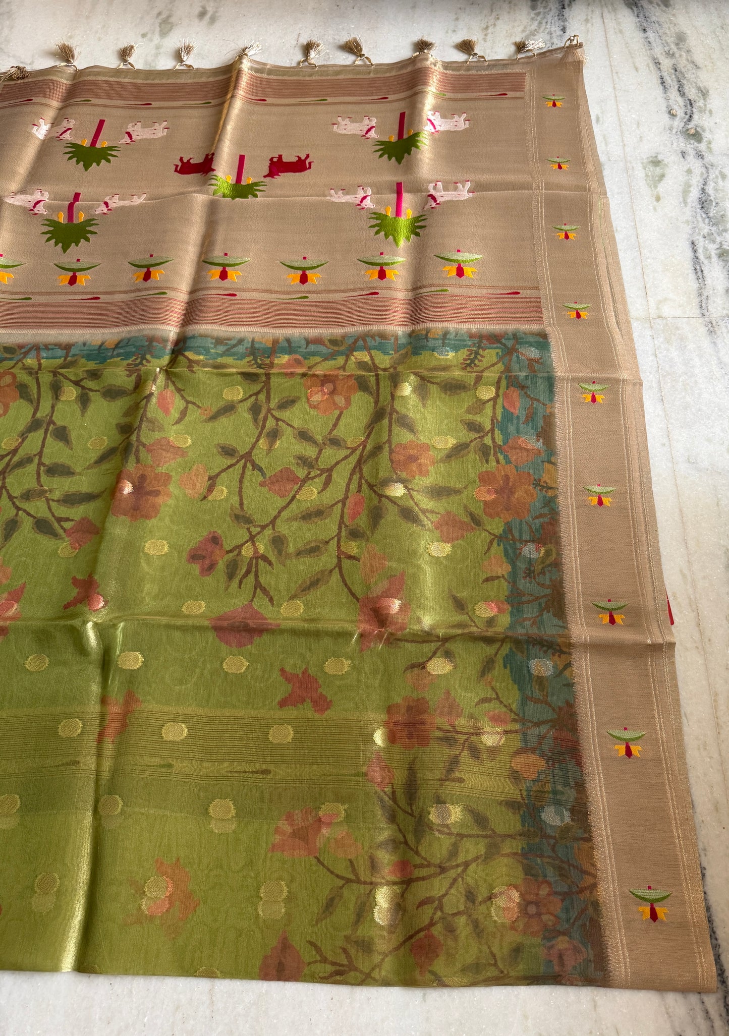 Olive Green Pathani Tissue Organza Saree with Zari Border – Floral Bird Motif