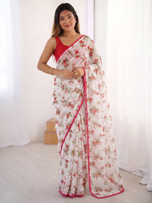 White Soft Chiffon Saree with Rose Floral Print and Pink Lace Border – Contrast Red Blouse