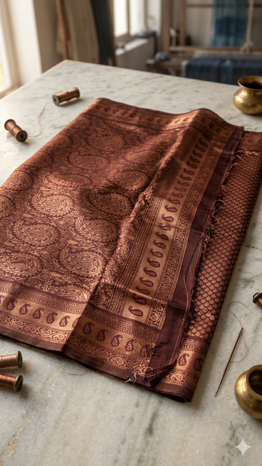 Copper Zari Silk Saree with Blouse Piece – Traditional Paisley Design Woven Saree for Weddings & Festive Wear