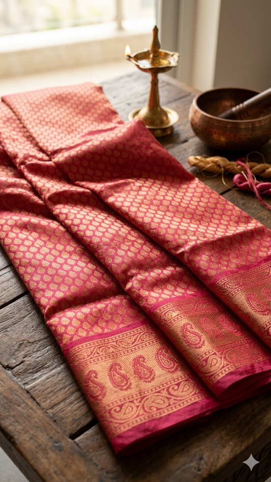 Copper Zari Silk Saree in Burnt with Blouse Piece