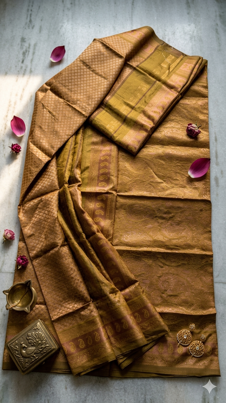 Golden Copper Zari Silk Saree with Blouse Piece – Traditional Paisley Design for Festive & Wedding Wear