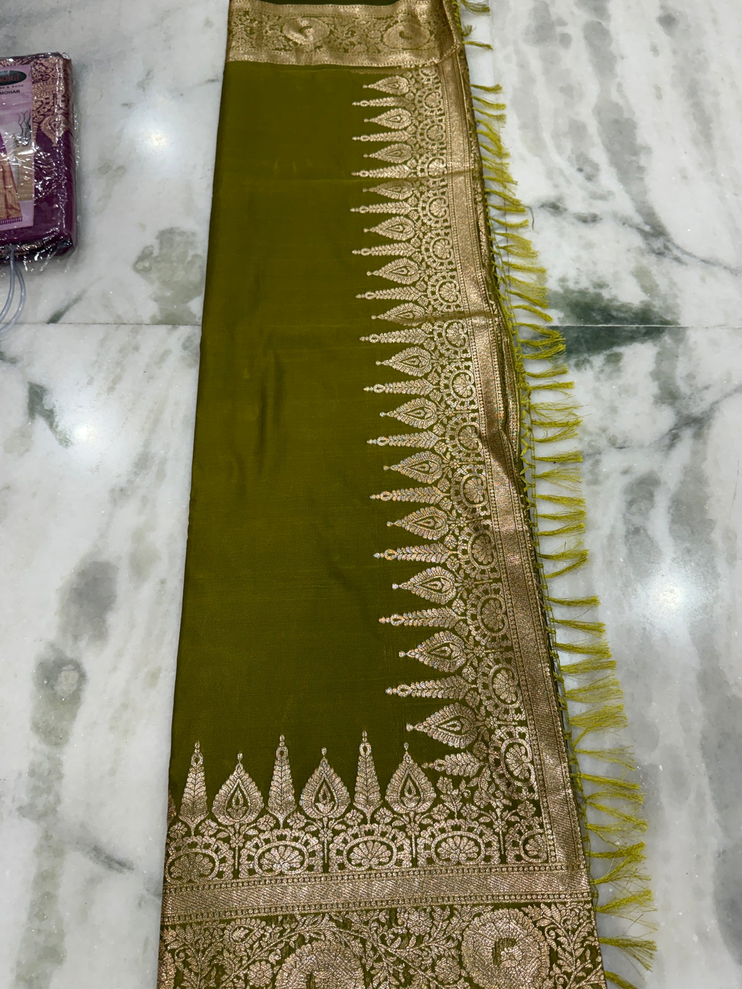 Kaya Kalpo Olive Green Satin Crepe Silk Saree | Gold Zari Woven Pallu & Border | Festive & Bridal Wear
