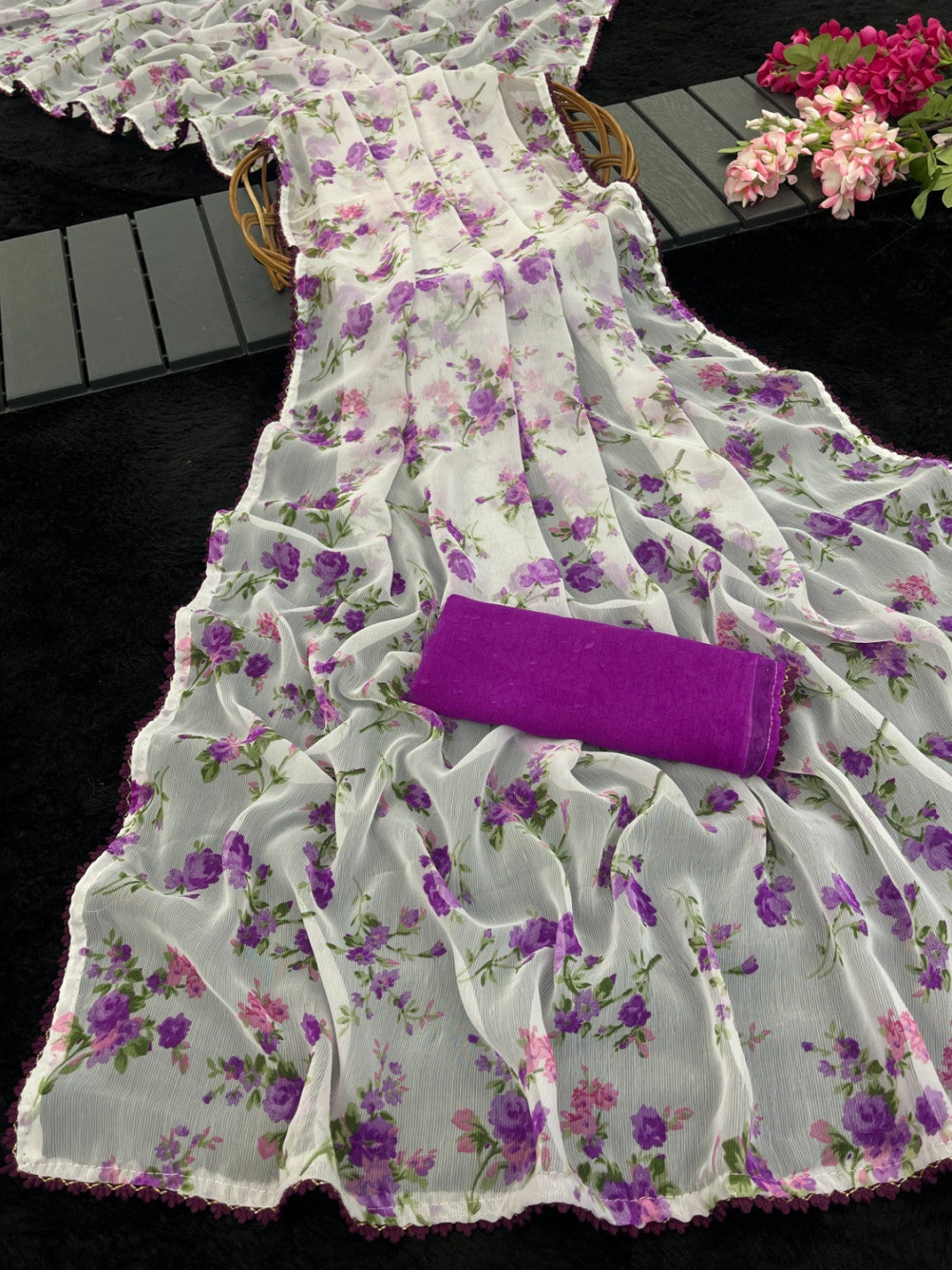 White Soft Chiffon Saree with Purple Floral Print and Lace Border – Contrast Magenta Blouse