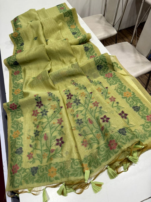 Lime Green Handloom Saree with Fine Weaving Floral Border – Lightweight Body-Hugging Drape