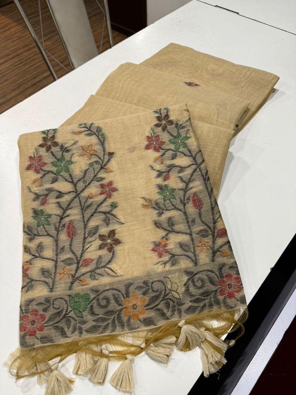 Beige Handloom Saree with Fine Machine Weaving Floral Border