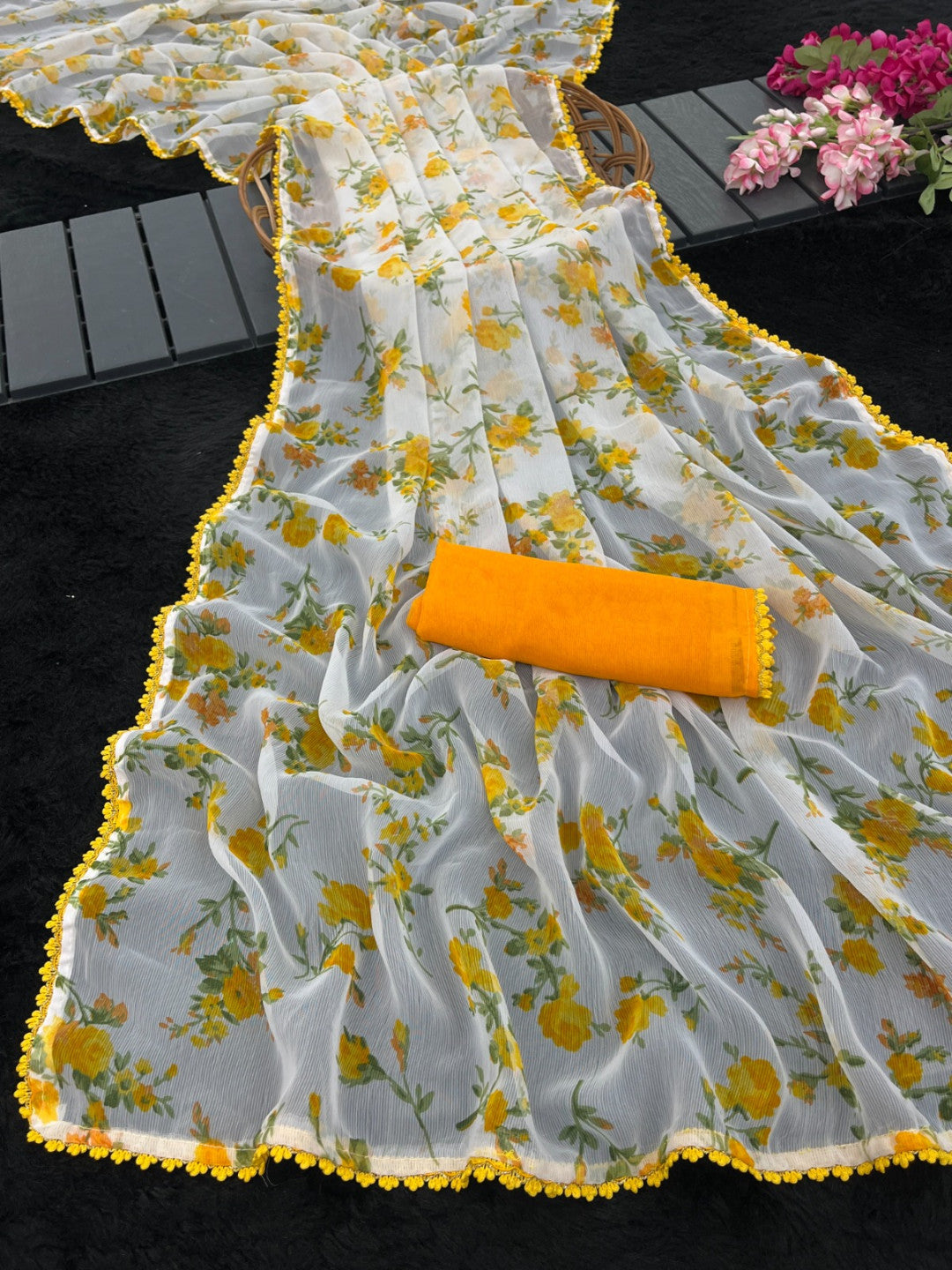White Soft Chiffon Saree with Digital Floral Print and Yellow Lace Border – Contrast Mustard Blouse