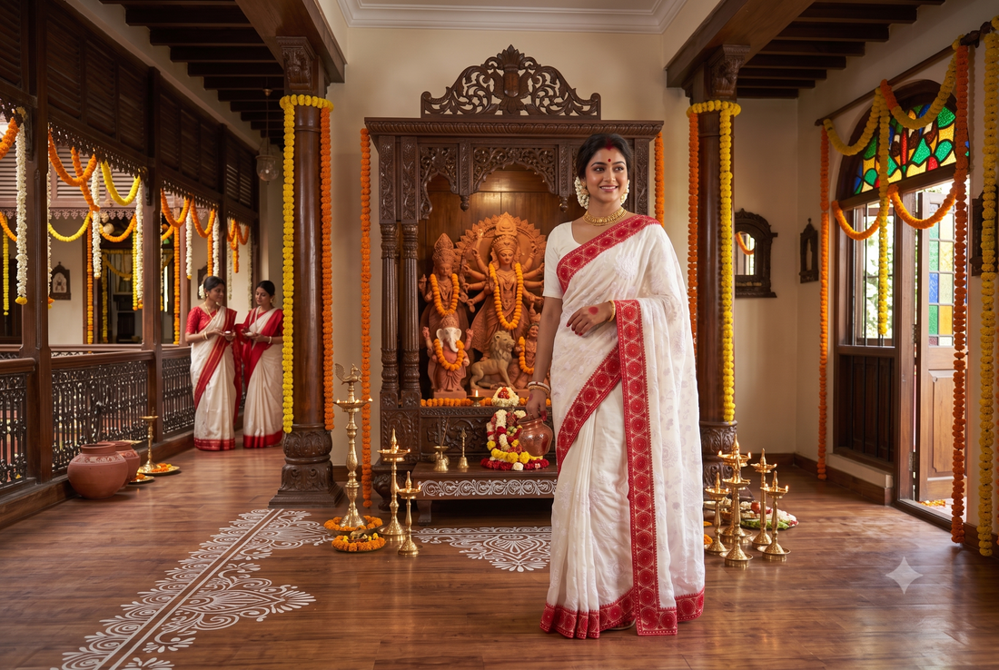 Traditional lal paar saree worn during a Bengali Durga Puja celebration