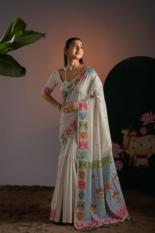 Off-White Handloom Saree with Digital Weaving Geometric Border – Floral Pallu Design