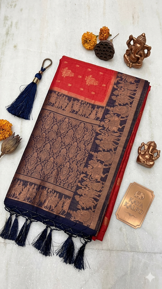 Red Baluchari Silk Saree with Antique Gold Woven Border & Blouse Piece