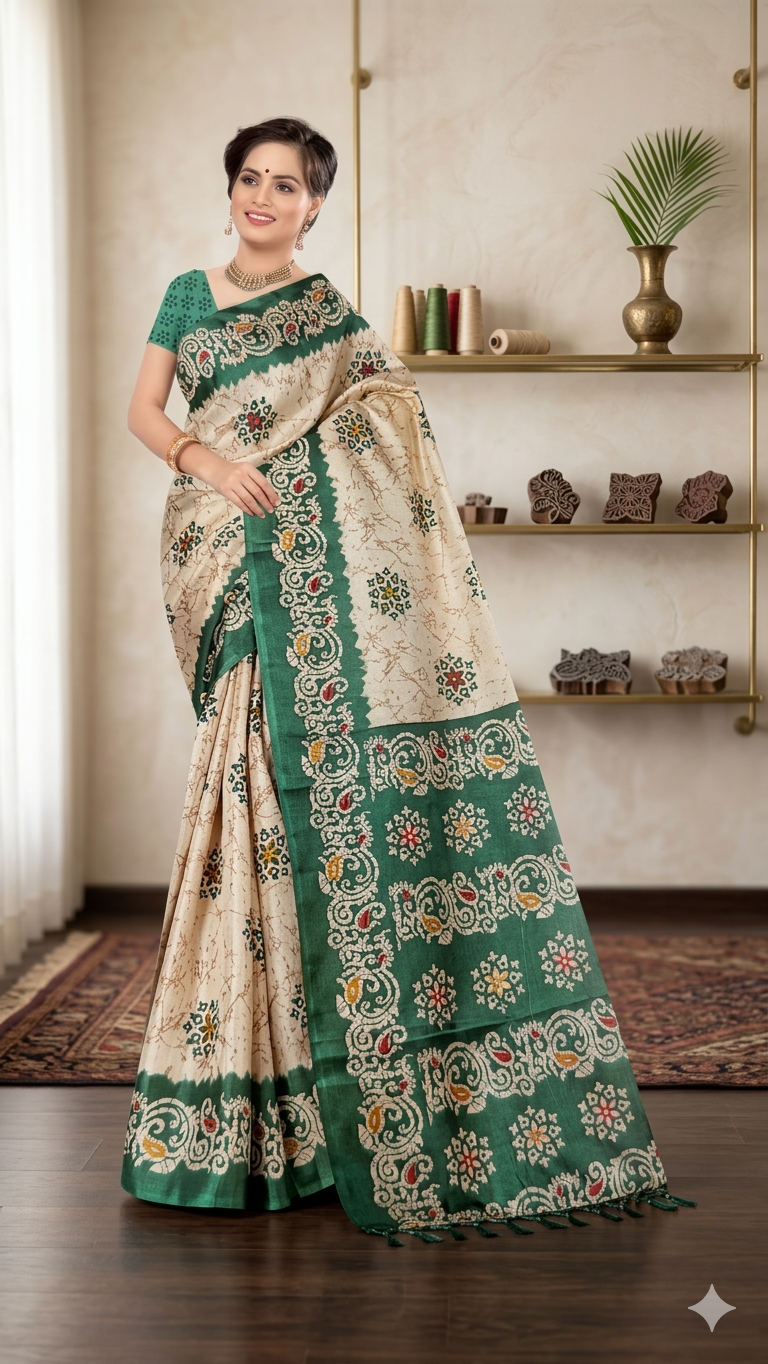 Off White & Green Woven Cotton Silk Saree with Blouse Piece – Lightweight Daily Wear Ethnic Saree
