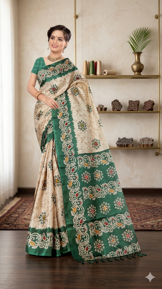 Off White & Green Woven Cotton Silk Saree with Blouse Piece – Lightweight Daily Wear Ethnic Saree