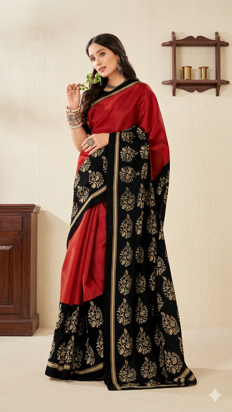 Red & Black Cotton Handloom Saree with Blouse Piece – Soft Lightweight Daily Wear Saree